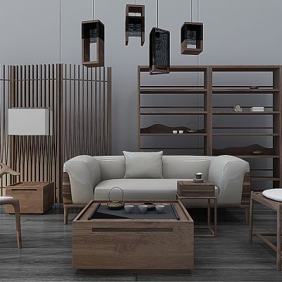 新中式禅意客厅沙发茶几屏风吊灯