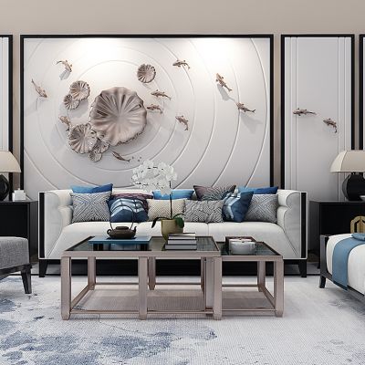 新中式沙发茶几台灯鱼群荷花挂饰