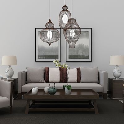 新中式布艺沙发茶几吊灯装饰画组合