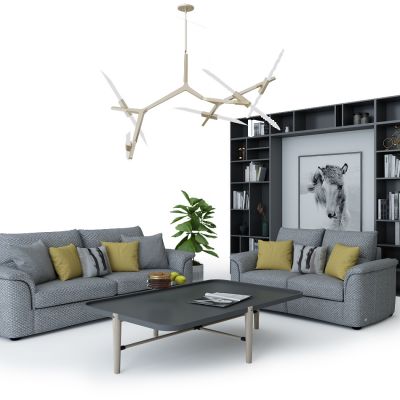 现代沙发电视柜茶几书柜吊灯组合