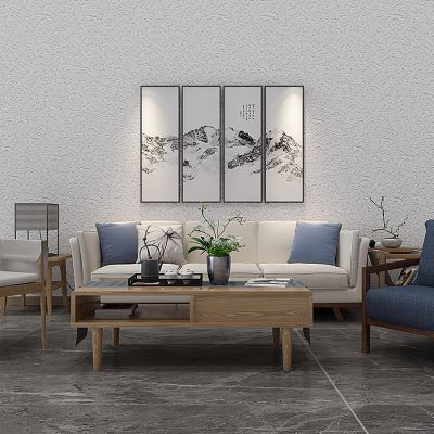 新中式沙发茶几挂画组合