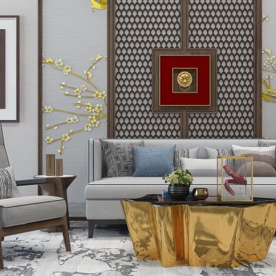 新中式沙发茶几组合梅花屏风画浮雕