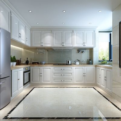 欧式简约厨房  橱柜 吊柜  冰箱 厨具  挂画 