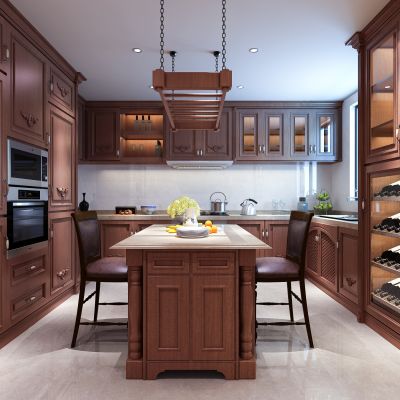 简约欧式厨房  橱柜  吊柜 厨具  电器  水吧台  单椅 