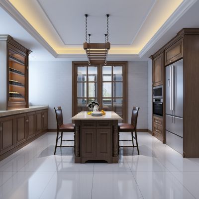 欧式简约厨房  橱柜  地柜  水吧台  单椅  酒柜  冰箱 微波炉  烤箱 