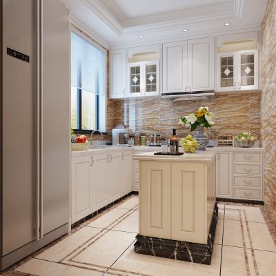 欧式简约厨房  橱柜  吊柜  水吧台  摆件  冰箱 厨具