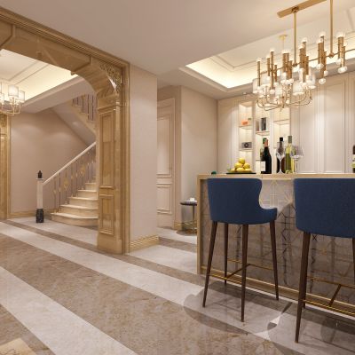 欧式简约吧台  酒吧区  吧椅 吧台  柜子  酒  摆件 吊灯 拱门