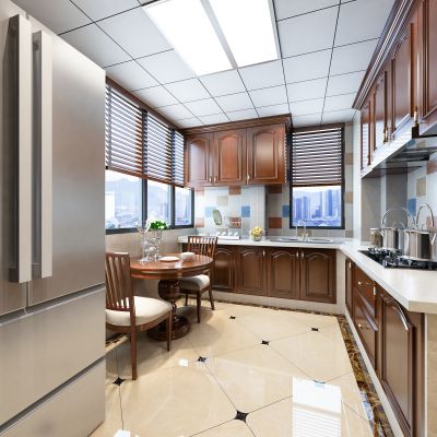 欧式简约厨房  吊柜 橱柜 冰箱  桌椅  厨具 