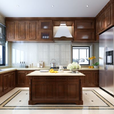 欧式厨房  橱柜 吊柜  水吧台  冰箱  厨具