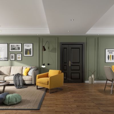 北欧客厅餐厅,沙发，电视柜，餐桌，吊灯，植物，装饰画，