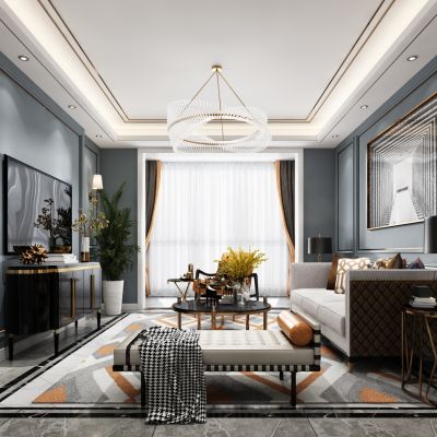 现代轻奢客厅餐厅，沙发，餐桌，电视柜，吊灯，装饰画