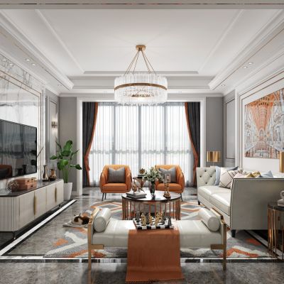 现代轻奢客厅餐厅，沙发，餐桌，电视柜，酒柜，吊灯，装饰画