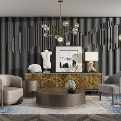 现代新中式轻奢单人沙发休闲椅落地灯电视柜