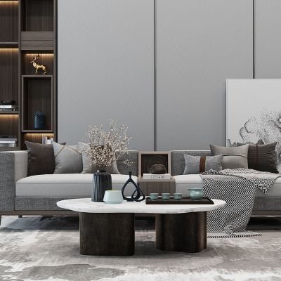 新中式现代沙发茶几坐墩摆件组合