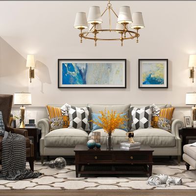 美式沙发茶几高靠背沙发铁艺吊灯