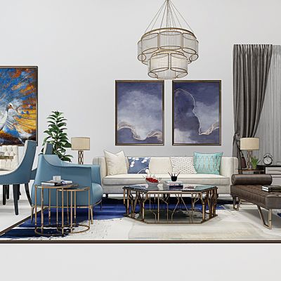 简欧沙发茶几电视柜圆形餐桌椅吊灯组合