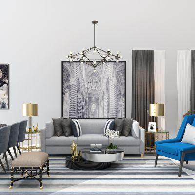 简欧式后现代客厅软装搭配沙发茶几餐桌椅吊灯