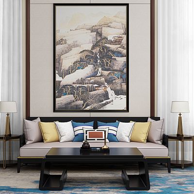 新中式多人沙发茶几挂画组合