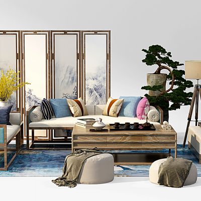 新中式布艺沙发茶几屏风罗汉床