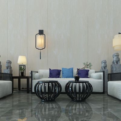 新中式沙发茶几落地灯石狮子