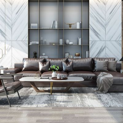 现代棕色皮革转角沙发茶几休闲椅