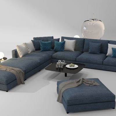 现代布艺多人转角沙发茶几组合