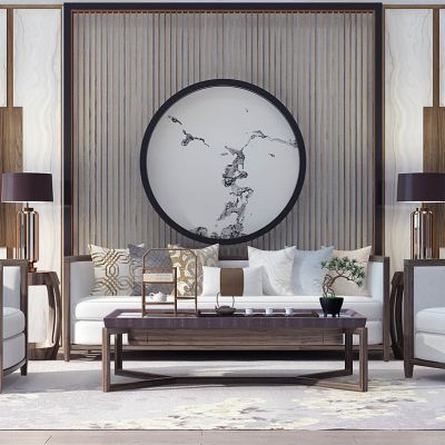 新中式沙发茶几盆景茶具鼓凳台灯