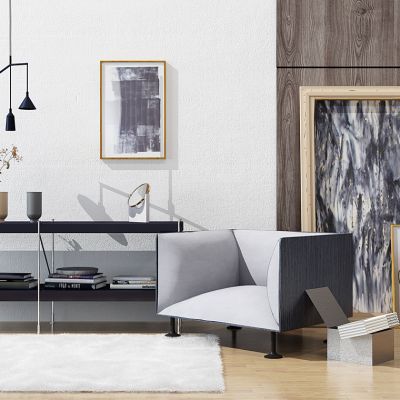 现代北欧轻奢布艺单人沙发装饰画摆件