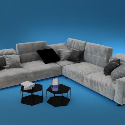现代布艺转角多人沙发茶几组合