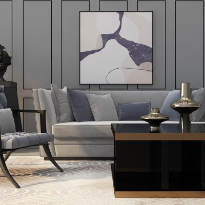 现代双人沙发休闲椅人面雕塑摆件组合