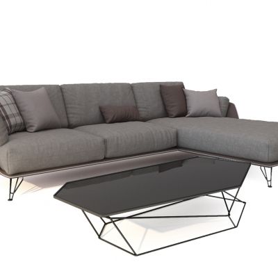 现代灰色布艺转角多人沙发茶几组合