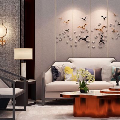 新中式奢华沙发单椅茶几鸟挂饰