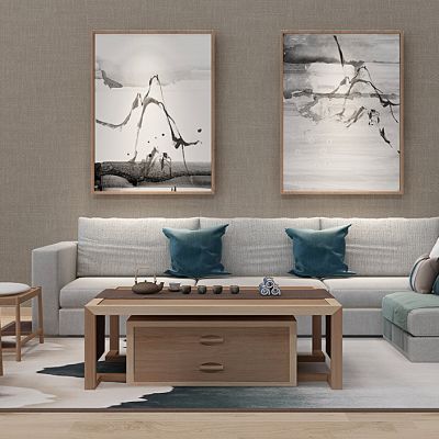 新中式沙发茶几挂画罐子