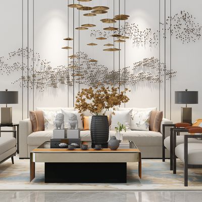 新中式沙发茶几客厅墙饰挂件组合