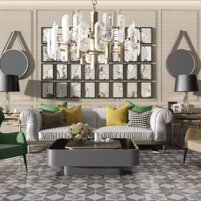 欧式客厅沙发茶几挂画休闲椅边几台灯