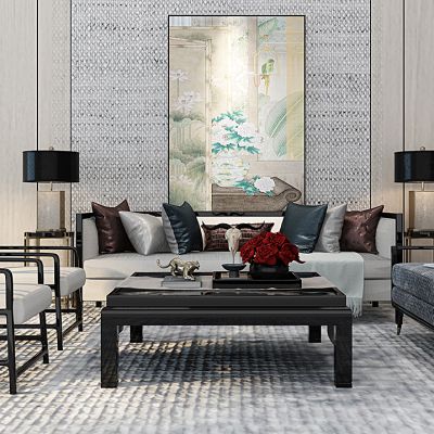 新中式沙发茶几单椅组合