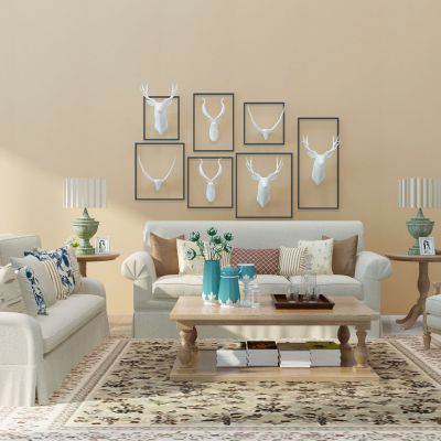 欧式田园地中海美式布艺沙发茶几鹿头羊角挂饰