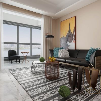 现代多人沙发茶几落地灯休闲椅组合