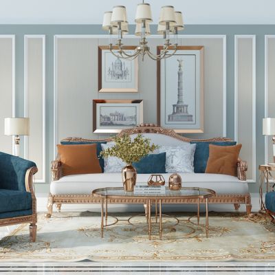 古典多人沙发茶几花瓶摆件