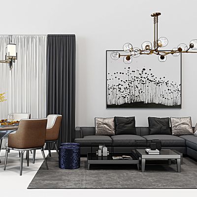 现代客餐厅沙发茶几餐桌椅吊灯组合