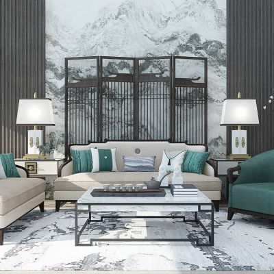 新中式布艺沙发茶几茶具屏风