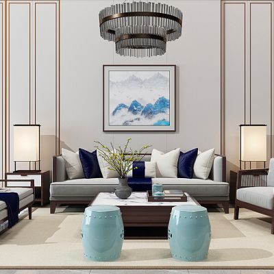 新中式沙发茶几沙发塌墩鼓凳台灯