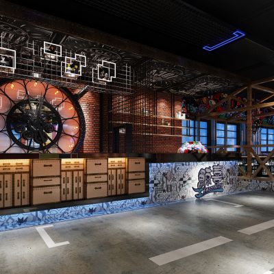 工业风LOFT餐厅酒吧齿轮皮箱前台