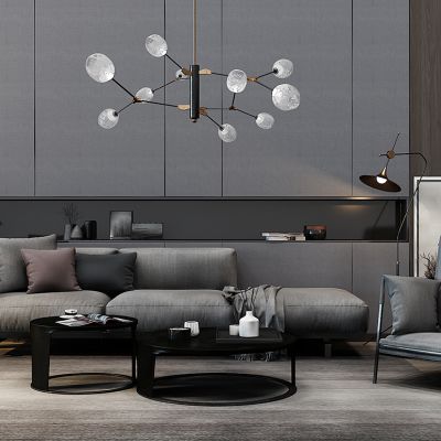 现代布艺沙发茶几休闲椅吊灯组合