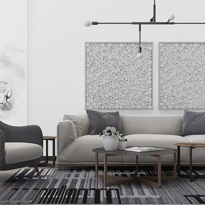 北欧布艺沙发茶几吊灯装饰画