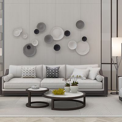 现代布艺沙发茶几落地灯墙饰组合