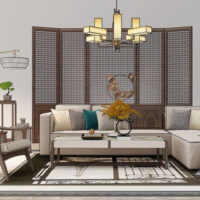 新中式布艺沙发茶几屏风落地灯花架组合