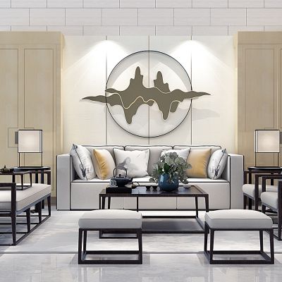 新中式布艺沙发茶几组合