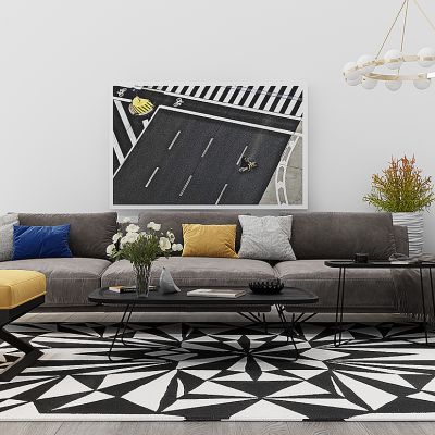 现代布艺沙发茶几摆件吊灯植物盆栽