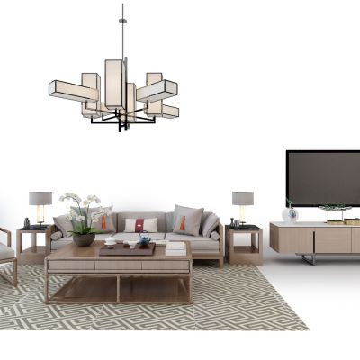中式沙发电视柜吊灯组合-01
